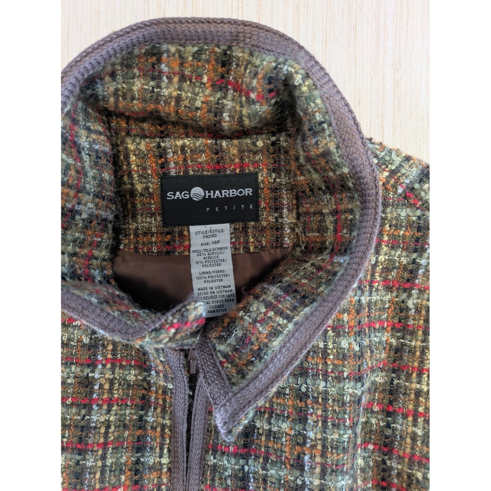 Sag Harbor Petite Womens 14P Full Zip Tweed Jacket Plaid‎ Brown Green F42190 - Picture 2 of 6